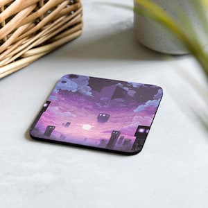 Drink Coaster – Purple Sky Ender Scene Pixel Art Retro Gamer Fantasy Decor