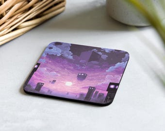 Posavasos con escena de Ender morado, arte pixelado, decoración retro de fantasía gamer