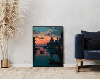 Impresión de arte pixelado del Gran Canal de Venecia / Arte mural de viajes retro / Decoración del hogar con atardecer italiano / Regalo romántico en góndola para amantes del arte