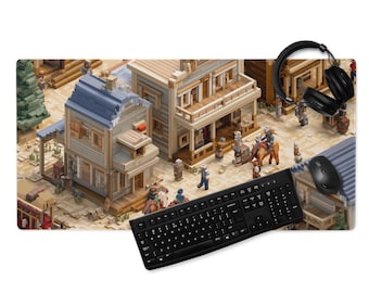 Gaming Mousepad -  Western Town Mouse Pad – Pixel Art Cowboy Scene | Large Gaming Desk Mat for Gamers & Builders