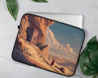 Funda para portátil: Monasterio del desierto con arte pixel retro, estilo juego de aventuras