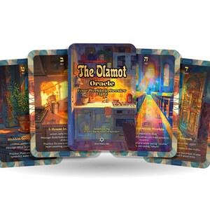 May include: Five oracle cards fanned out, featuring colorful illustrations. The central card reads "The Olamot Oracle" with the subtitle "Four Worlds in Brevity's Light." Each card displays unique artwork with accompanying text.