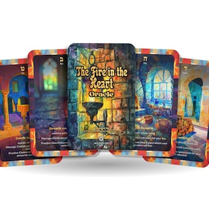 May include: A deck of oracle cards titled "The Fire in the Heart Oracle." The cards feature colorful illustrations of architectural interiors with arched windows and stone walls. The central card displays the title and a lit lantern.