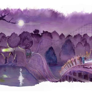 Peut inclure: Peinture à l'aquarelle d'une scène de parc d'attractions nocturne. Un circuit de montagnes russes serpente à travers une forêt, avec un wagon de train traversant un pont. La scène est dominée par des nuances de violet et présente une pleine lune.