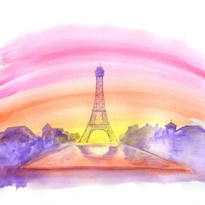 May include: Watercolor painting of the Eiffel Tower in Paris at sunset. The tower is a detailed silhouette against a gradient sky of pink, orange, and yellow. Purple and orange hues depict the foreground.