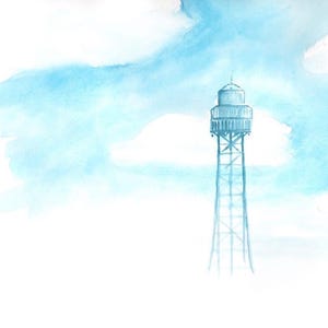 May include: Watercolor painting of a tall, slender tower against a light blue sky with fluffy white clouds. The tower is a light blue color and has a detailed structure, suggesting a lighthouse or observation tower.