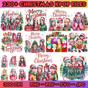 Puede incluir: Una colección de archivos digitales K-pop con temática navideña. La imagen presenta varias ilustraciones de personas con gorros de Papá Noel y ropa de invierno. El texto incluye "Merry Christmas" y "230+ CHRISTMAS KPOP FILES". Formatos: PNG, PDF, SVG y JPG.