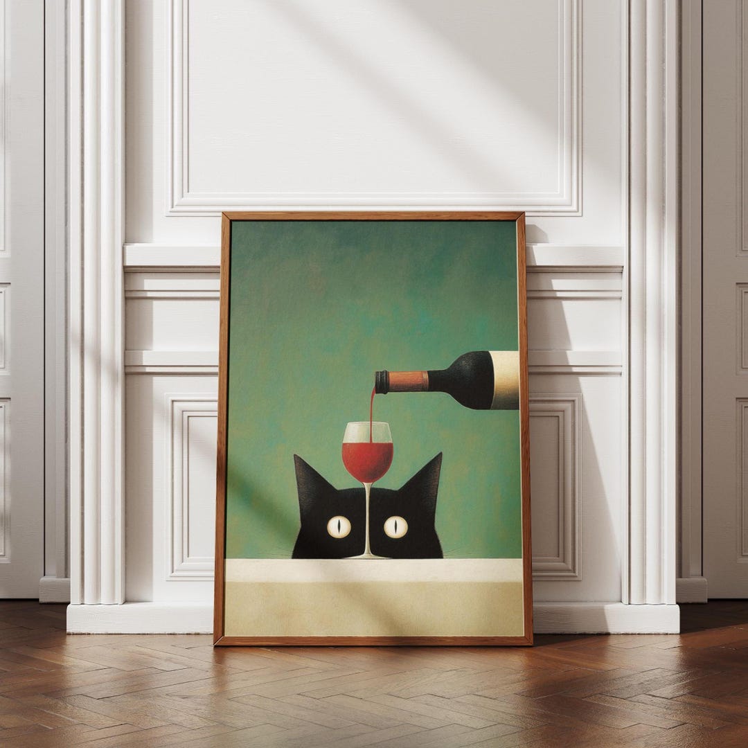 Black Cat Wine Pour Art Print, Minimalist Animal Illustration, Modern ...