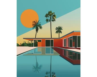 Retro Tropical House Rolled Poster, Vintage Wall Art, Home Decor, Gift for Housewarming, Landscape Art Print