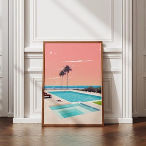 Retro Poolrand Druck, moderne Palmen-Kunst der Mitte des Jahrhunderts, Küsten-Sonnenuntergang-Dekor