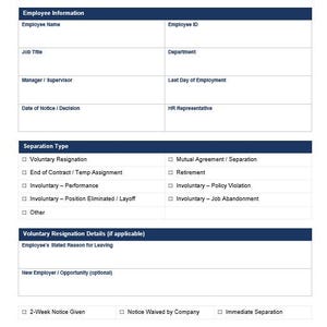 Puede incluir: Un formulario de separación de empleados azul y blanco con secciones para información del empleado, tipo de separación y detalles de terminación. El formulario incluye campos para el puesto de trabajo, el departamento y el motivo de la salida. El formulario se titula "Separación Voluntaria e Involuntaria - Confidencial."