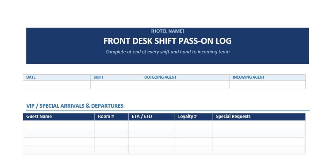 Shift Pass Down Worksheet.pdf Hotel Front Desk Shift Pass on Log Template | Hospitality Handover ...
