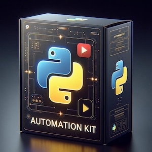 May include: A black box with the Python logo in blue and yellow, with the words "AUTOMATION KIT" in gold. The box has a YouTube play button icon and other tech-related graphics. The overall design is modern and sleek.