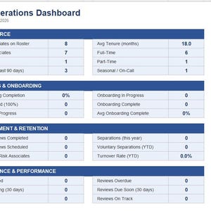 May include: An HR Operations Dashboard document dated June 16, 2026, featuring blue headers and white data tables. It displays workforce metrics, training and onboarding status, engagement and retention statistics, and compliance and performance data.