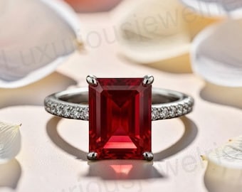 Bague de fiançailles en argent sterling 925 avec grenat taille émeraude, poinçonnée, cadeau d'anniversaire, promesse et symbole d'engagement pour femme