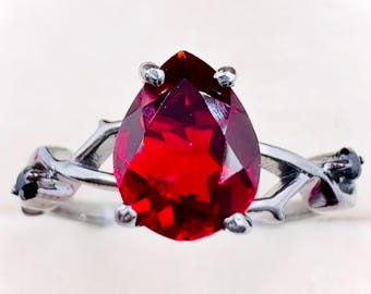 Pear Cut Garnet Ring, Black Rhodium Sterling Silver, Gothic Vine Engagement Ring