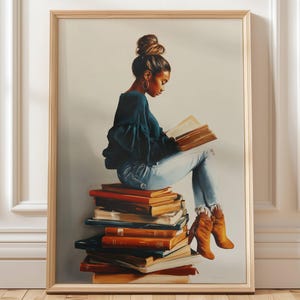 May include: A framed print depicts a person seated atop a stack of books, engrossed in reading. The person wears a dark blue top, light blue jeans, and brown boots. The books are various sizes and colors, with a light wood frame.