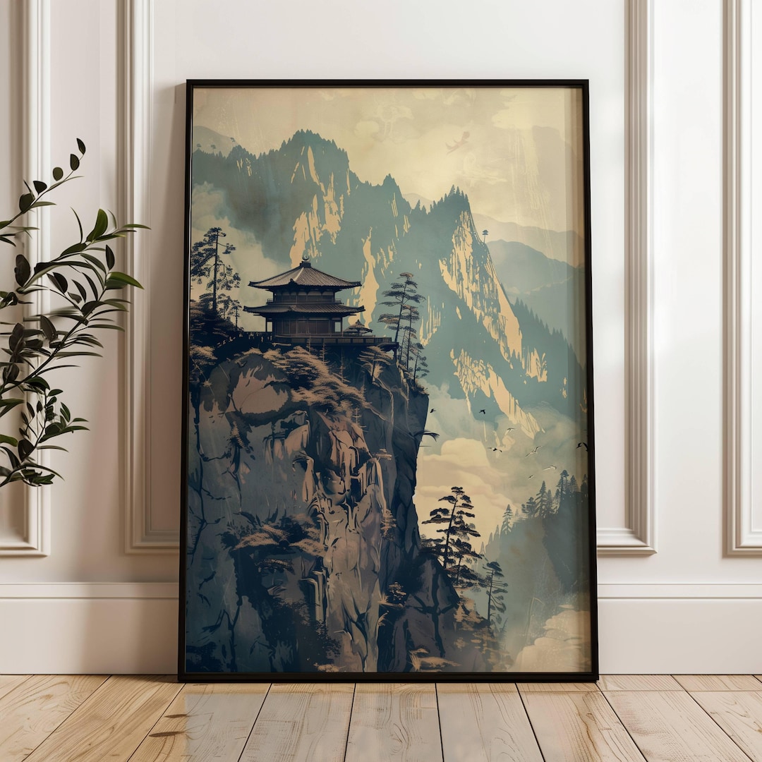 Japandi Wall Art, Asian Mountain Landscape Wall Art Japanese Temple ...