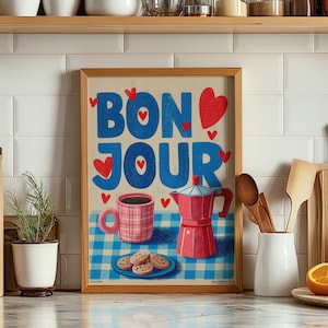 Coffee Print Printable Wall Art | French Kitchen Poster | Digital Download | Retro Moka Pot Illustration | Blue Red Café Wall Decor