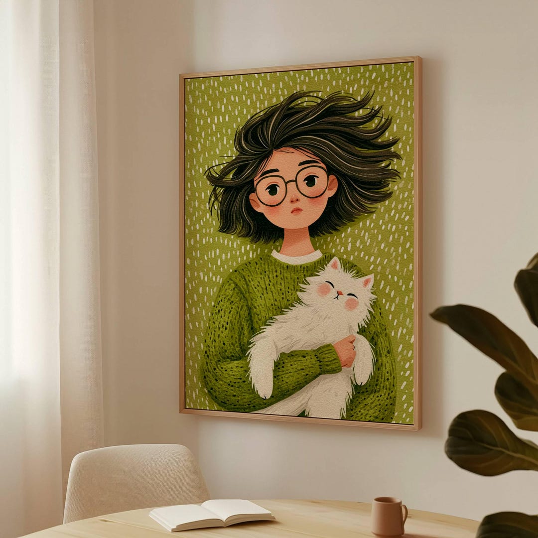 Girl With Cat Wall Art, Cute Cat Lover Print, Cozy Aesthetic Poster ...