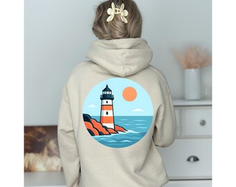 Coastal Life Graphic Hoodie: Beach and Lighthouse Lover's Cotton-Blend Sweatshirt