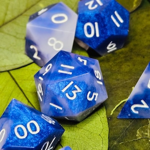 Saphira Dice Set – Blue and White Swirled Polyhedral Dice for DnD, Handmade RPG Dice Set, Dragon-Inspired Dice for Tabletop Games and TTRPG