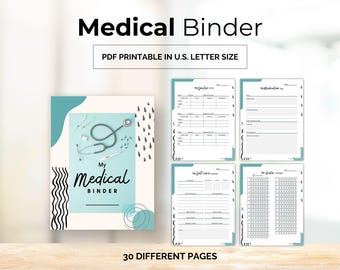 May include: A medical binder with a teal and white cover featuring a stethoscope and the text "My Medical Binder." The binder includes several pages with forms for tracking health information. The text "PDF Printable in U.S. Letter Size" is also visible.