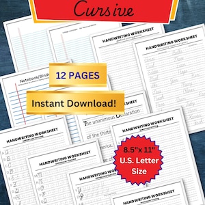 May include: A collection of handwriting worksheets for learning cursive writing. The worksheets include uppercase and lowercase tracing exercises, with a size of 8.5" x 11" U.S. Letter Size. The image also includes the text "Learn to Write Cursive" and "Instant Download!"