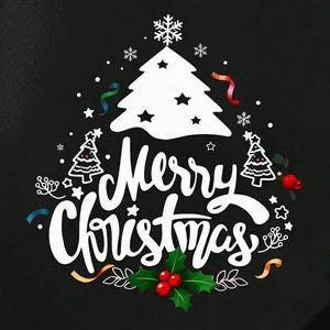 May include: A black graphic featuring the text "Merry Christmas" in white script. The design includes a white Christmas tree, snowflakes, stars, and holly with red berries. Colourful ribbons and decorative elements surround the text.