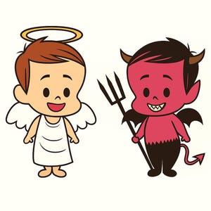 Könnte beinhalten: Cartoon-Illustration mit einem Engel und einem Teufel. Der Engel hat braunes Haar, einen Heiligenschein und weiße Flügel und trägt ein weißes Gewand. Der Teufel ist rot mit Hörnern, einem Dreizack und einem Schwanz, mit schwarzen Flügeln und einer schwarzen Hose.
