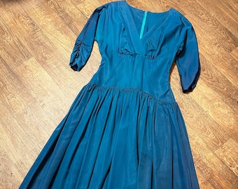 Vintage Dress | Original 1950s Vintage Teal Satin Gown Size 10 | 1950s Dresses