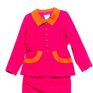 80er Jahre YSL Rive Gauche Rockanzug | Cerise Pink & Orange Kraftanzug | Designer Vintage Saint Laurent Größe 10 | Modegeschichte | KOSTENLOSE Lieferung