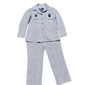 Vintage 70s Navy & White Chevron Suit UK 12/14 | Retro Two Piece | Statement Pattern Trouser Suit | Fashion History