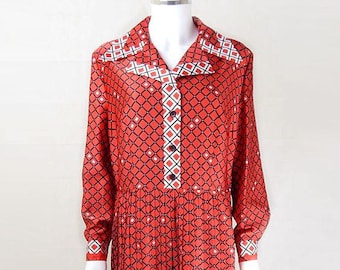Original 1970s Vintage Red Shirtwaister Dress UK Size 16/18