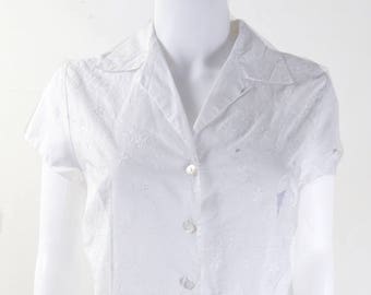 Original 1950s Vintage White St Michael Embroidered Blouse UK Size 12/14