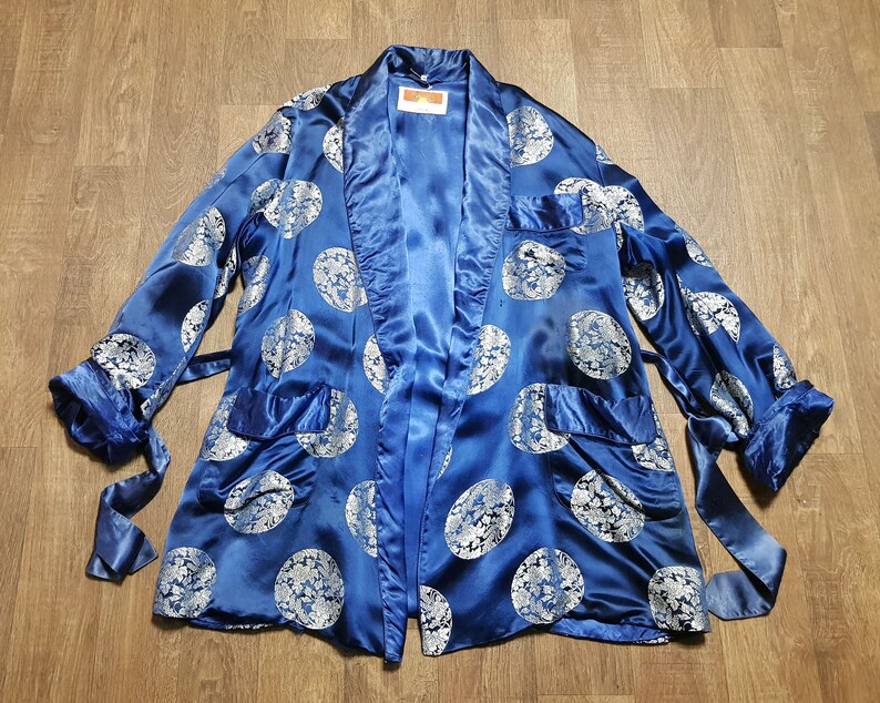 Vintage Kimono Eco friendly Vintage Style Vintage Deep Blue Chinese Silk Kimono Jacket One Size Vintage Clothing