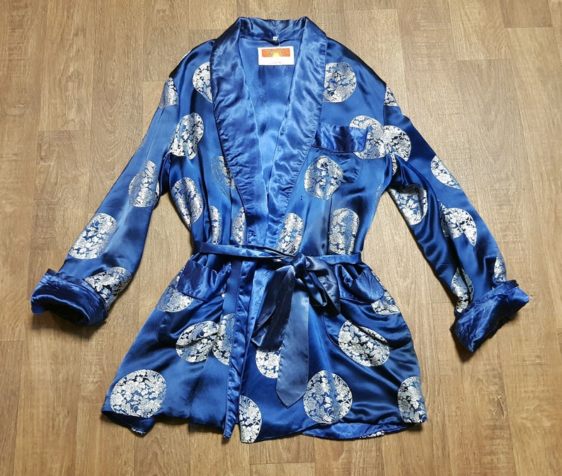 Vintage Kimono Eco friendly Vintage Style Vintage Deep Blue Chinese Silk Kimono Jacket One Size Vintage Clothing