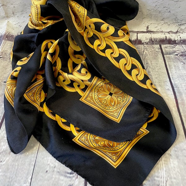 Bufanda Vintage / Bufanda Vintage Black & Gold Chain Print Scarf, Moda Vintage, Diseñador Vintage, Estilo Vintage