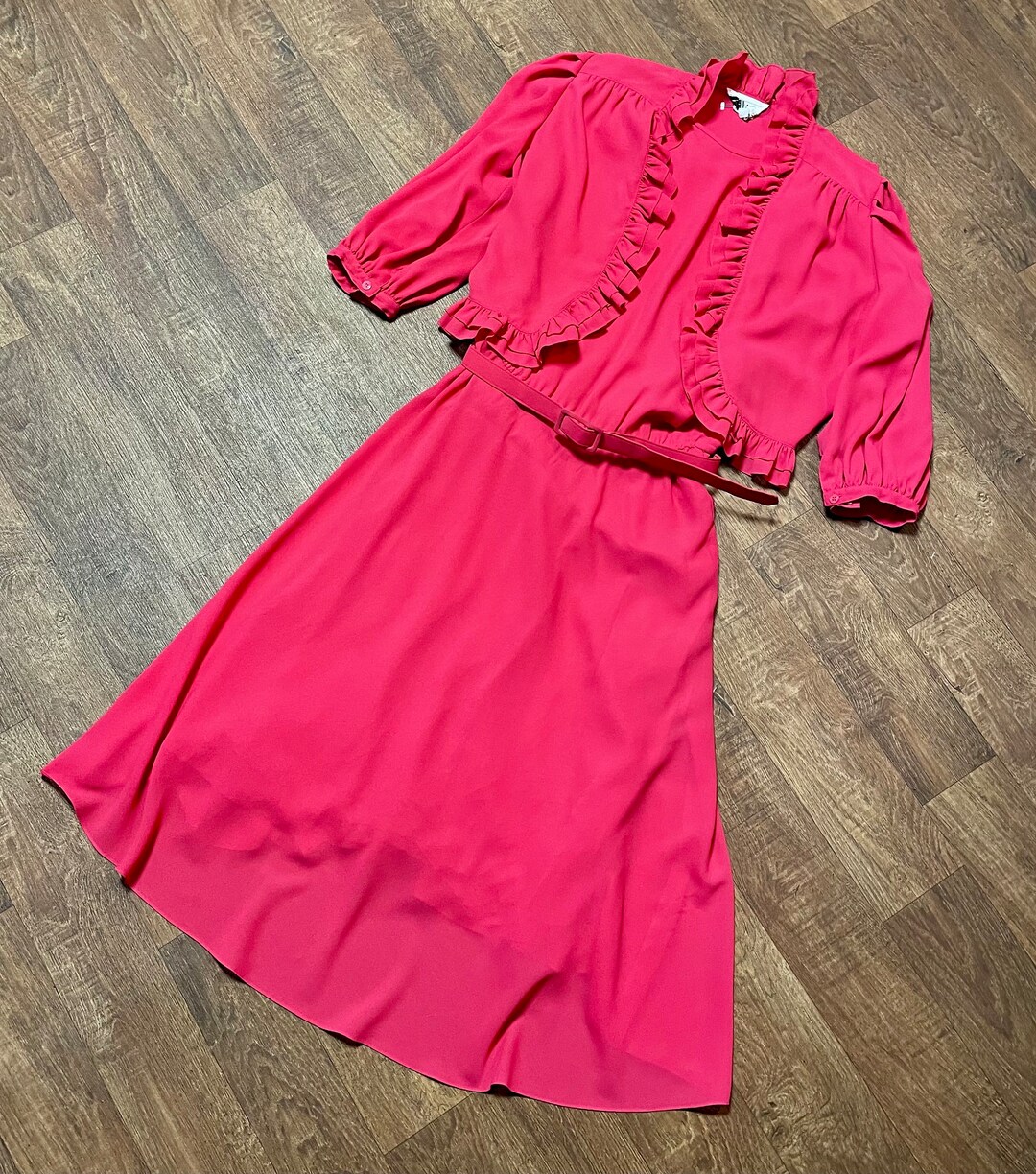 Vintage Dress 1970s Vintage Cerise Frill Midi Dress & Jacket Size 16