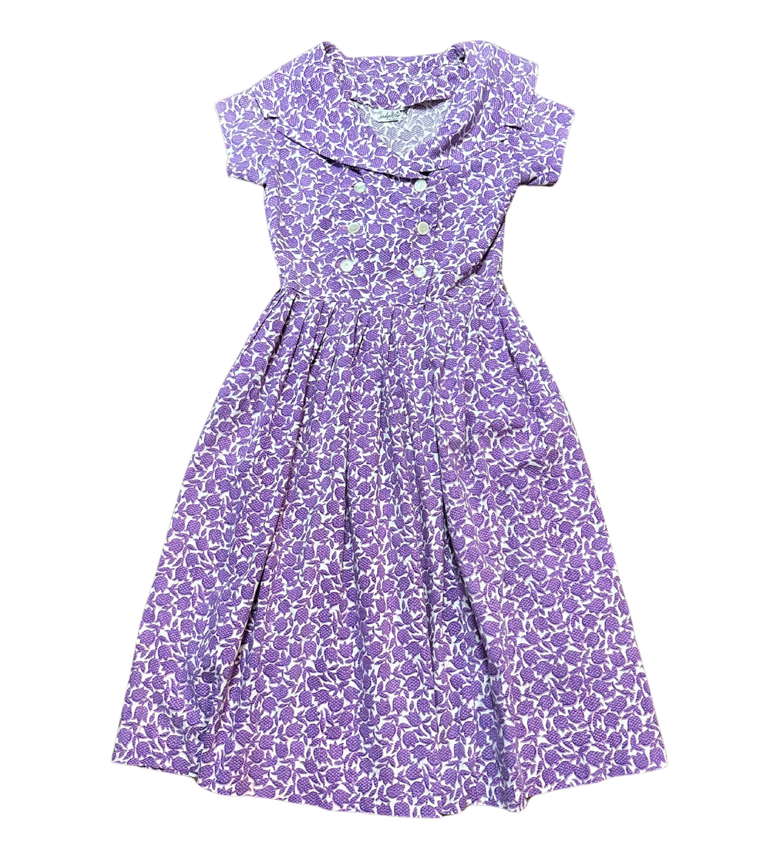 1950s Tulip Print Swing Dress: Carolyn North Vintage Cotton UK10