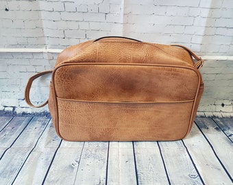 1970s Golden Brown Faux Leather Messenger Bag: Vintage Satchel
