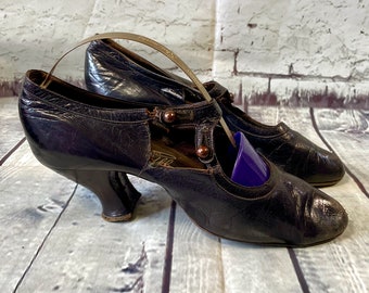 Zapatos Mary Jane de cuero de los años 20: estilo antiguo con botones y tira en T (Reino Unido 2,5/EUR 35,5)