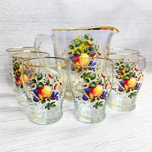 Vintage 50s Fruit Pattern Glass Set | Water Pitcher & 6 Juice Glasses | Gold Detail | Unique Homeware | FREE Delivery