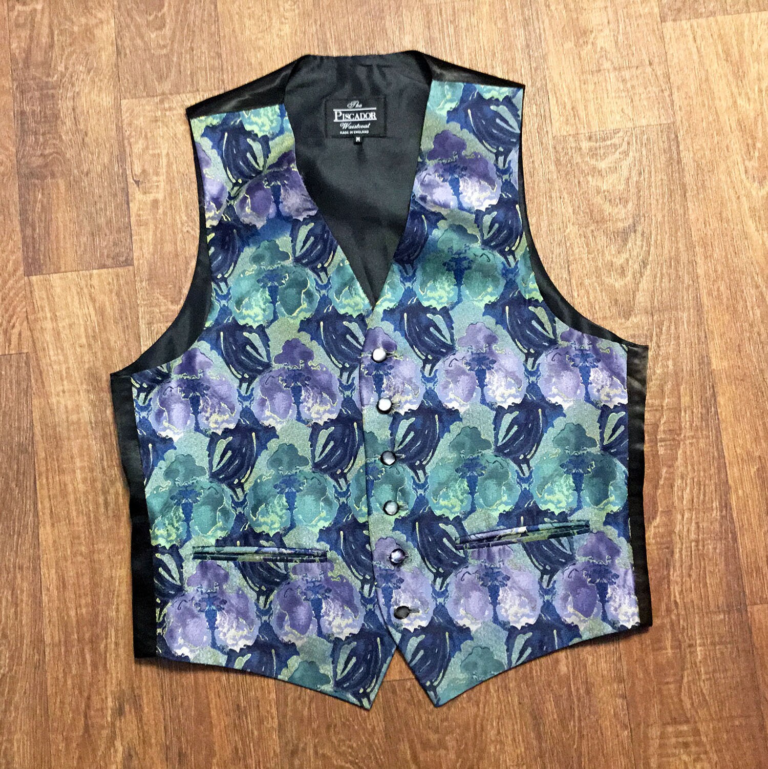 Image of 70S Vintage Waistcoat | Mens 1970S Green/Blue Floral Size Medium Clothing, Waistcoat