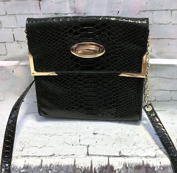 black patent mock croc handbag