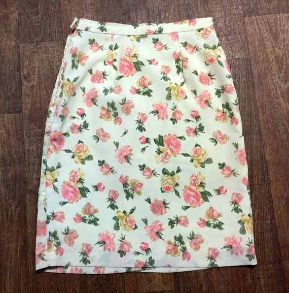 Vintage Pencil Skirt 1980s Vintage Cream Rose Print Crepe | Etsy