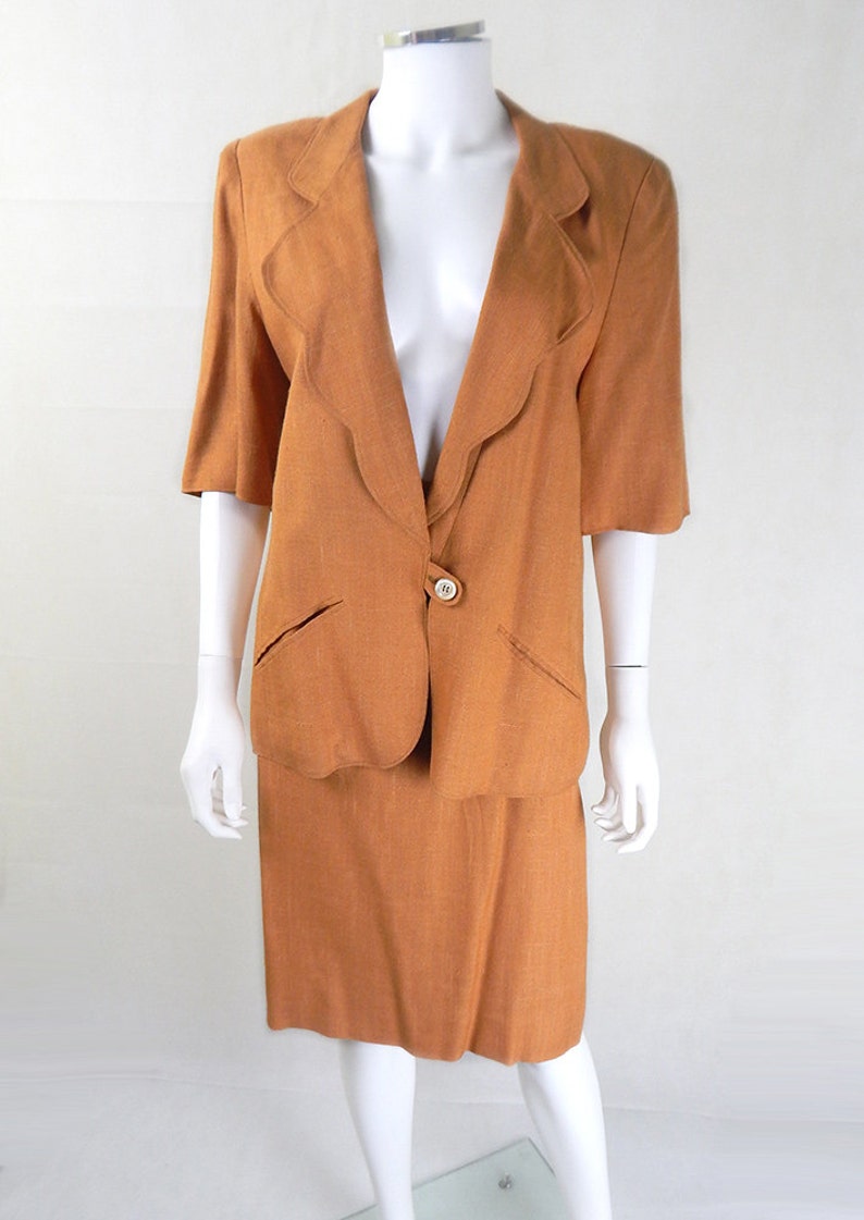 Designer Vintage Chloe Suit Vintage Chloe Golden Caramel Slubbed Linen Skirt Suit UK Size 14/16, vintage Chloe suit, vintage skirt suit image 1