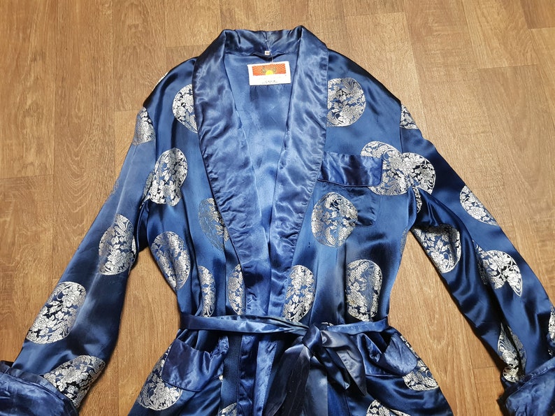 Vintage Kimono Eco friendly Vintage Style Vintage Deep Blue Chinese Silk Kimono Jacket One Size Vintage Clothing