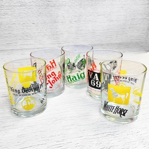 Vintage Tumblers | Set of 5 Vintage Whisky Brand Tumbler Glasses, Unique Gifts, Vintage Barware/Drinkware, Vintage Glassware