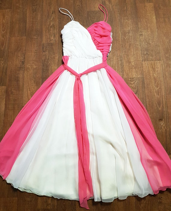 1970s John Charles Pink and White Chiffon Prom Dress UK Size 8/10